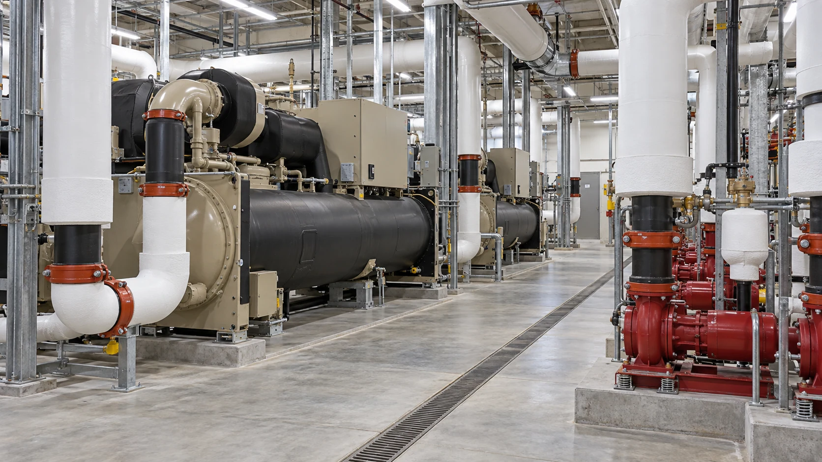 HVAC mechanical room with chillers, circulation pumps, insulated pipework, and accessible grooved service connections.