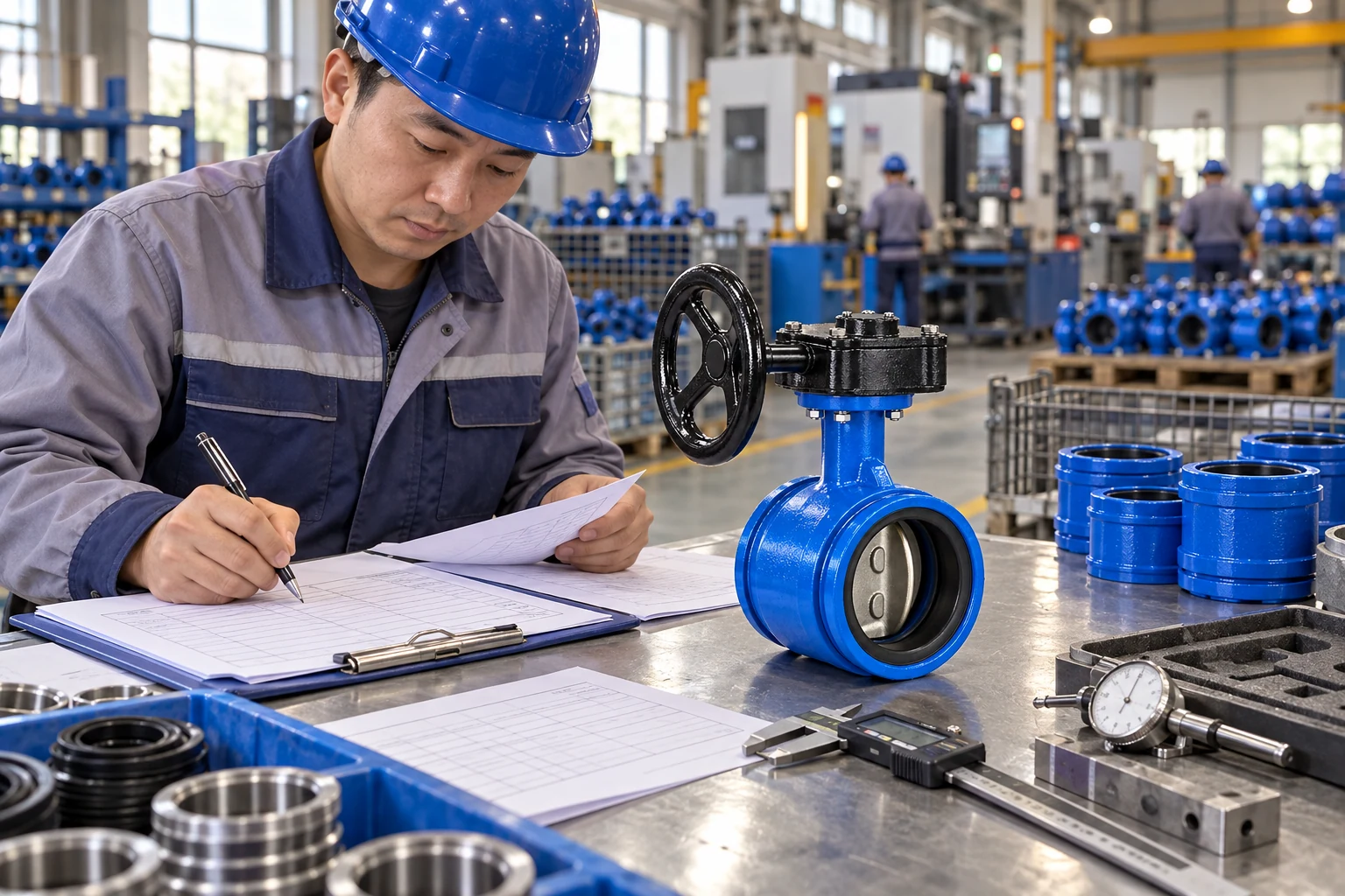 Valve inspection workbench with organized quality records, measuring equipment, and grooved connection components in a working factory.