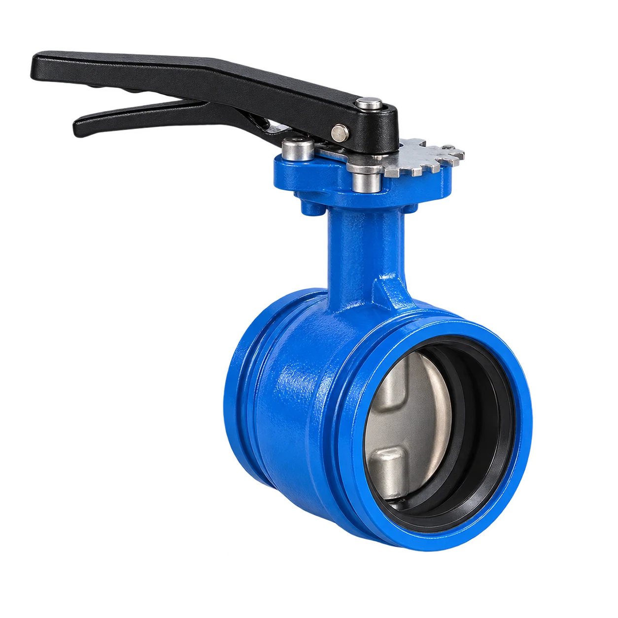 Grooved end butterfly valve with a quarter-turn manual lever and circumferential coupling grooves at both cylindrical ends.