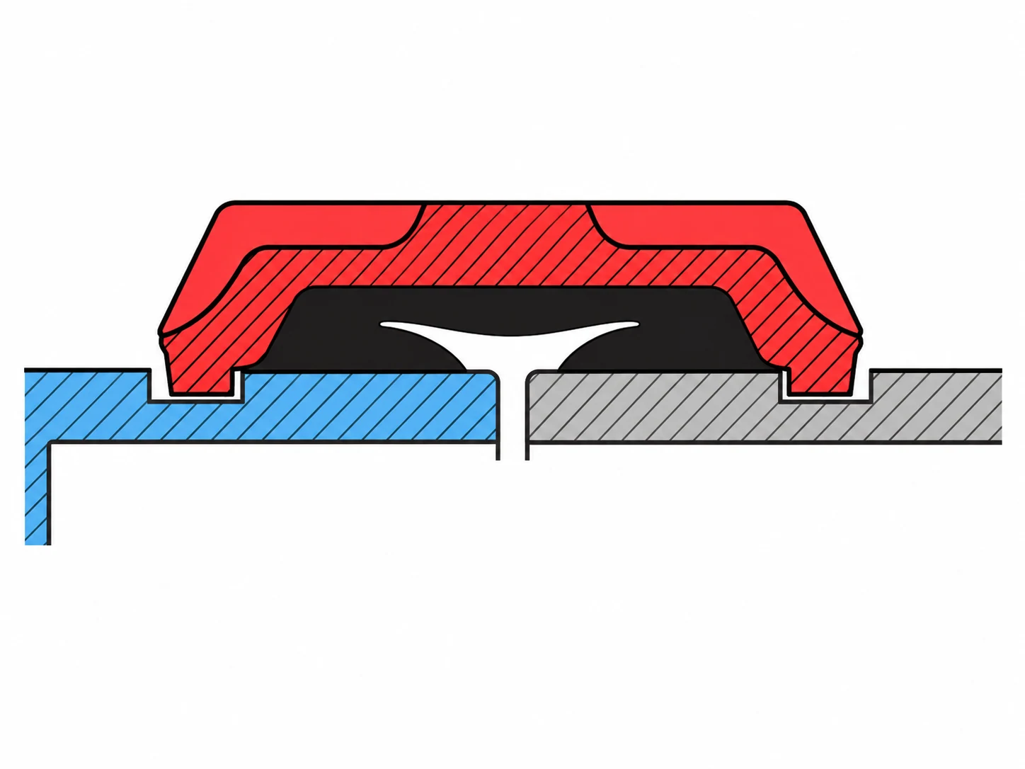 Longitudinal section of a grooved valve-to-pipe joint showing housing keys in the grooves and an external elastomer gasket sealing on the pipe-end lands.