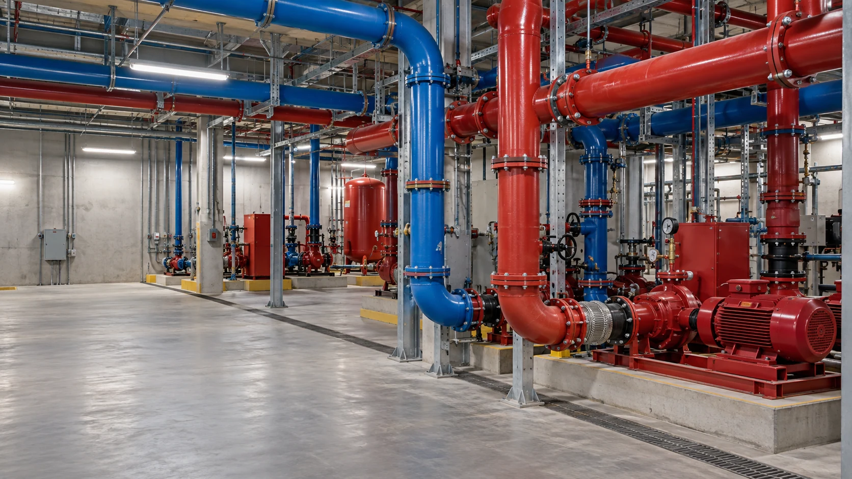 Commercial mechanical room with supported steel pipework, circulation equipment, and organized service aisles.
