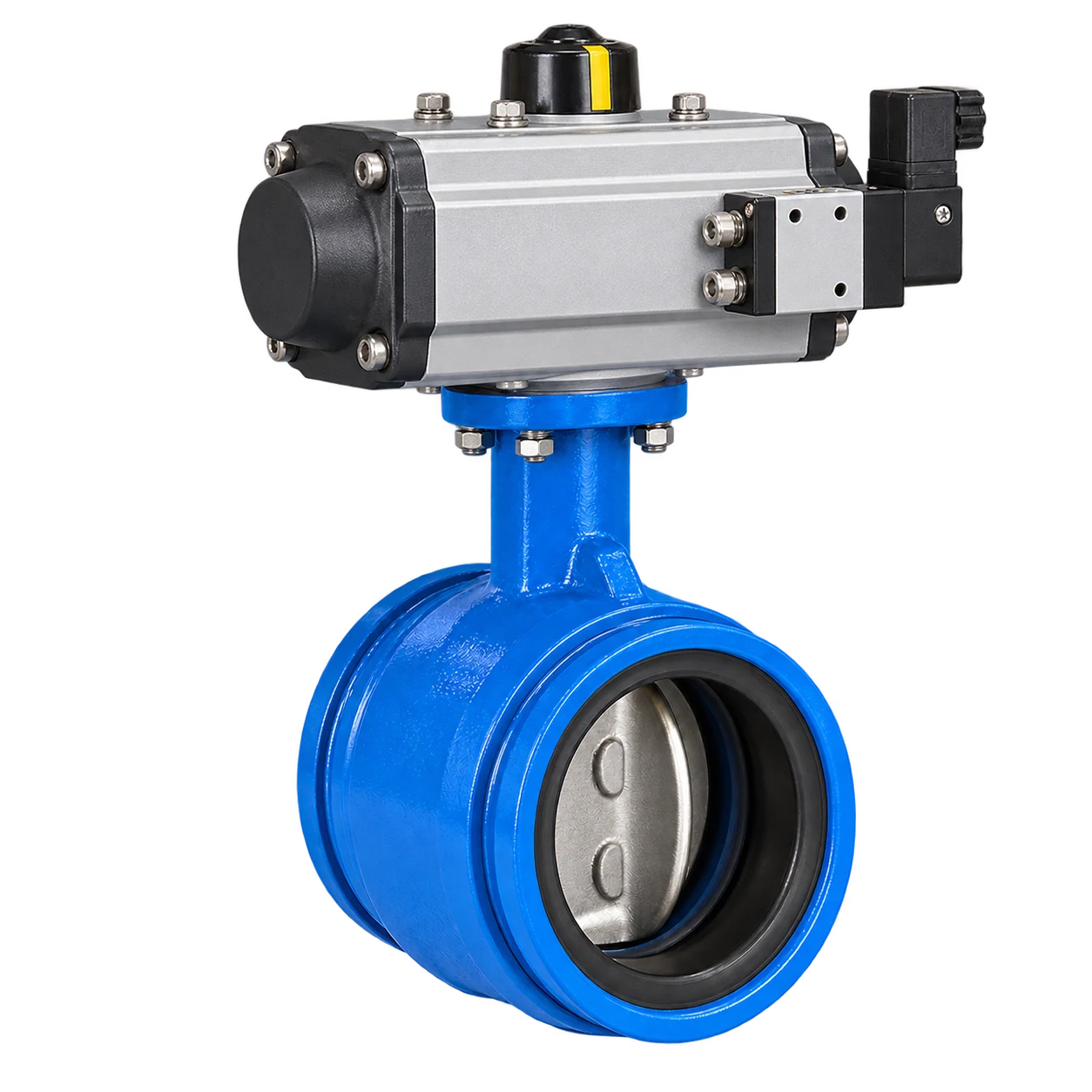 Grooved end butterfly valve with a rack-and-pinion pneumatic actuator mounted above its vertical stem.