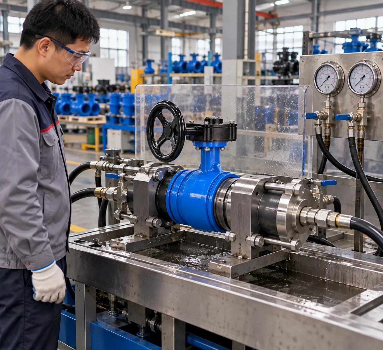 Grooved end butterfly valve secured in a pressure test station in an operating valve manufacturing workshop.