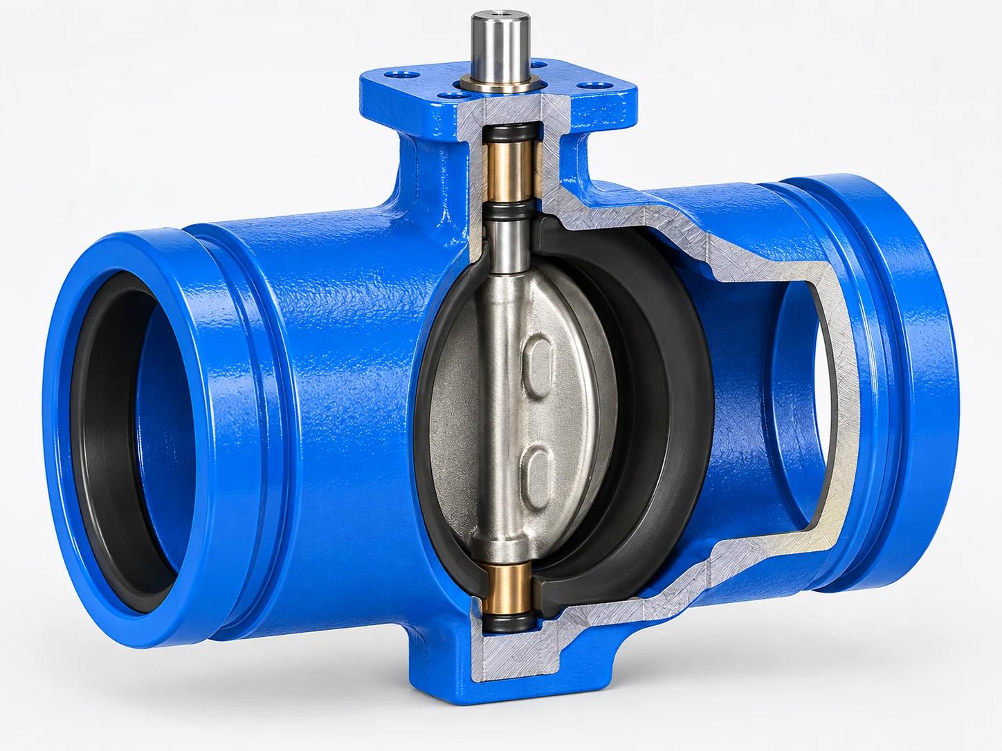 Sectional view of a grooved end butterfly valve showing the grooved cylindrical connection ends, resilient seat, metal disc, and vertical stem.