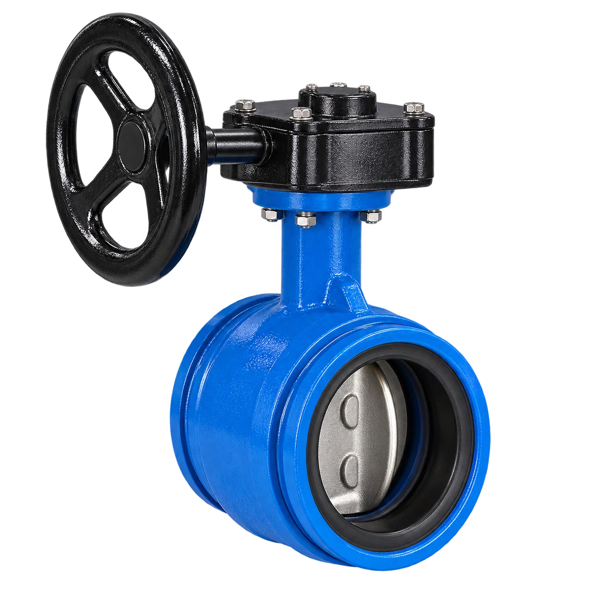 Blue grooved end butterfly valve with a worm gearbox, circular grooved connection ends, metal disc, and resilient seat.