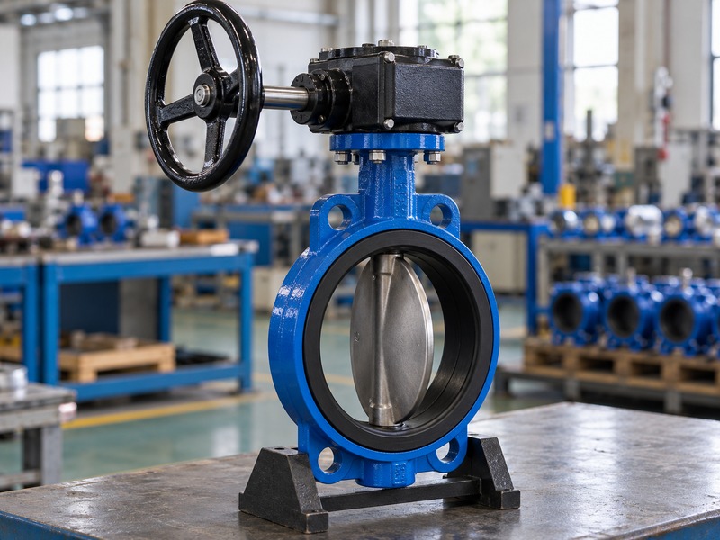 handwheel butterfly valve: geared handwheel assembly on a stable inspection cradle