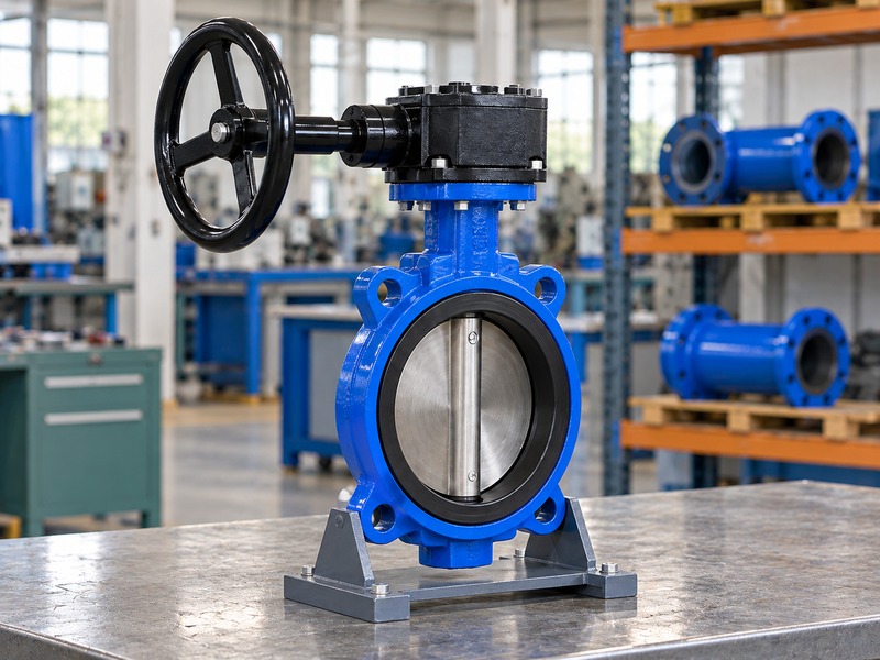handwheel butterfly valve: unconnected water-service valve sample beside stored pipe spools
