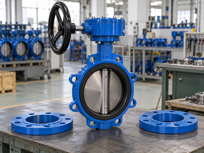 handwheel butterfly valve: valve sample with separate matching pipe flanges