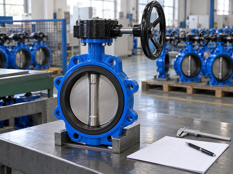 handwheel butterfly valve: assembly inspection bench with measuring tool and form