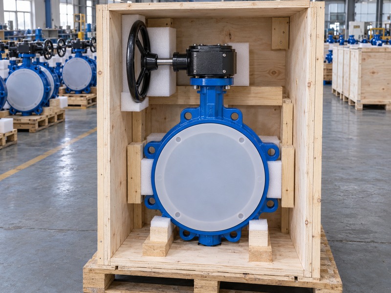 handwheel butterfly valve: protected valve faces and supported body in an export crate