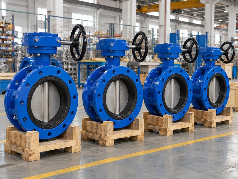 heavy duty butterfly valve manufacturers: supported butterfly valve assemblies in a manufacturing workshop