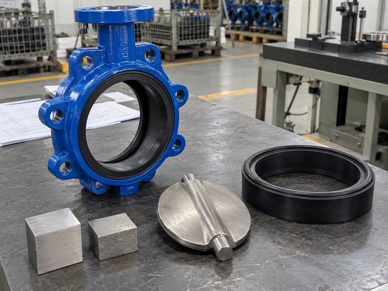heavy duty butterfly valve manufacturers: valve body, disc, seat and separate material samples