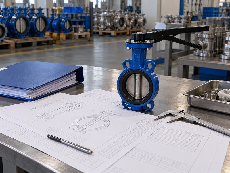 heavy duty butterfly valve manufacturers: unmarked technical documents beside a valve sample