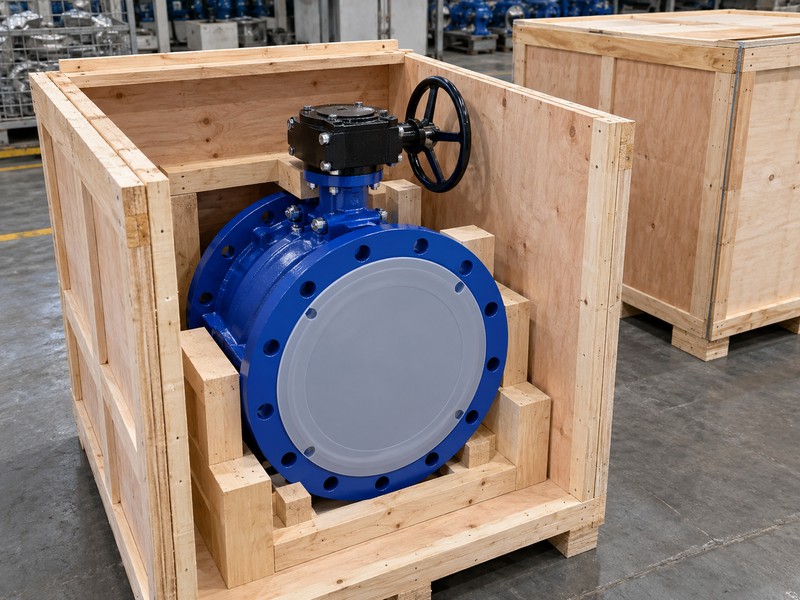 heavy duty butterfly valve manufacturers: protected valve assembly and closed export crate