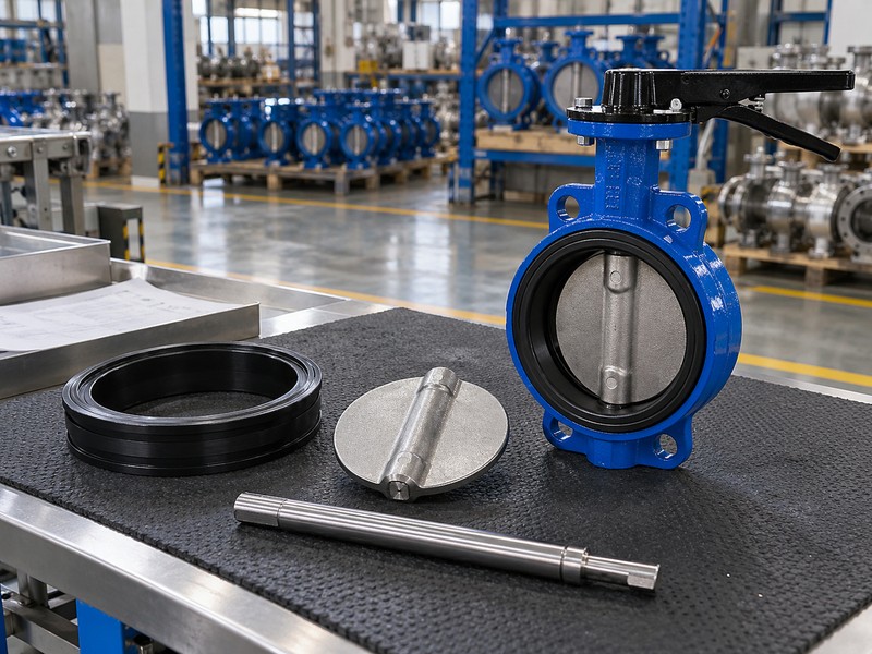 heavy duty butterfly valve manufacturers: separate spare parts beside a complete valve sample