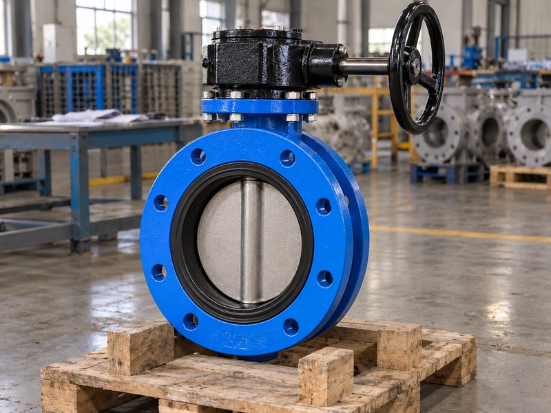 heavy-duty concentric butterfly valve: double-flanged butterfly valve on a wooden support