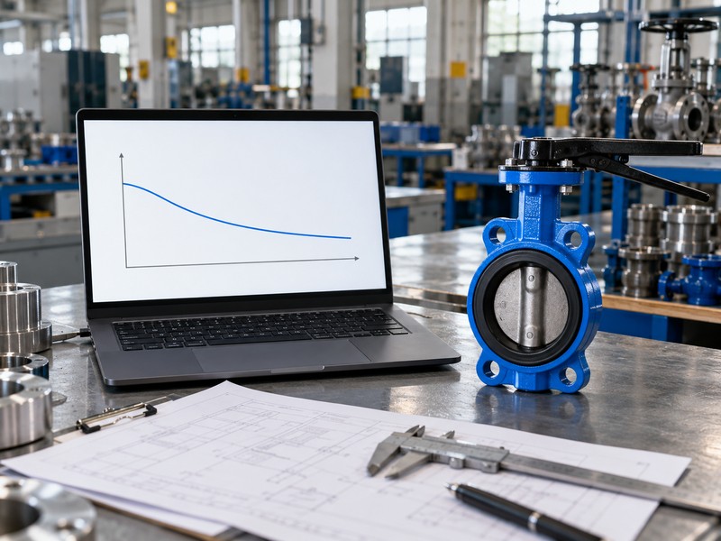 heavy-duty concentric butterfly valve: conceptual pressure-temperature envelope on an engineering laptop