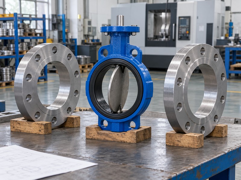 heavy-duty concentric butterfly valve: unconnected wafer valve and matching flanges on separate supports