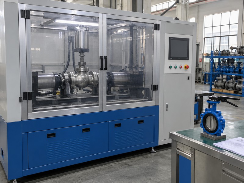 heavy-duty concentric butterfly valve: unconnected valve sample beside a closed test enclosure