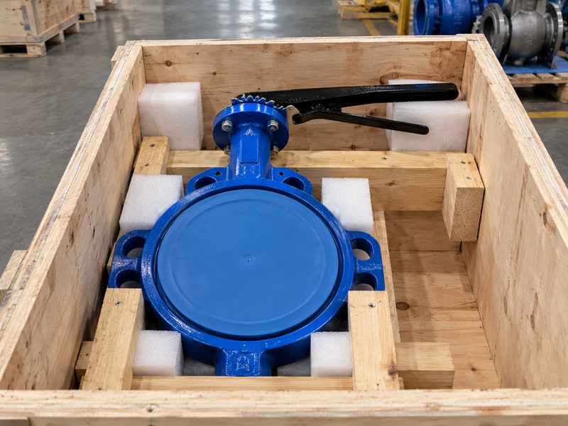 heavy-duty concentric butterfly valve: protected concentric butterfly valve in a fitted export crate