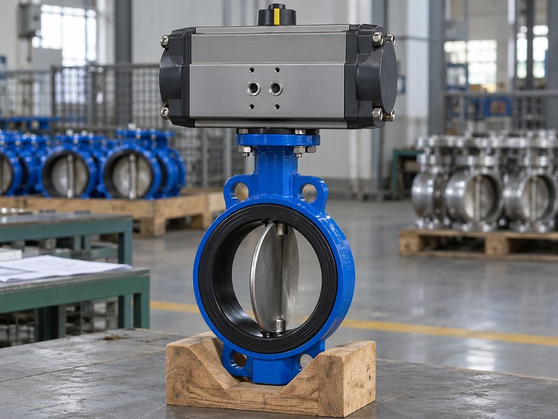 heavy duty pneumatic actuator for butterfly valves: pneumatic butterfly valve assembly on a stable inspection support