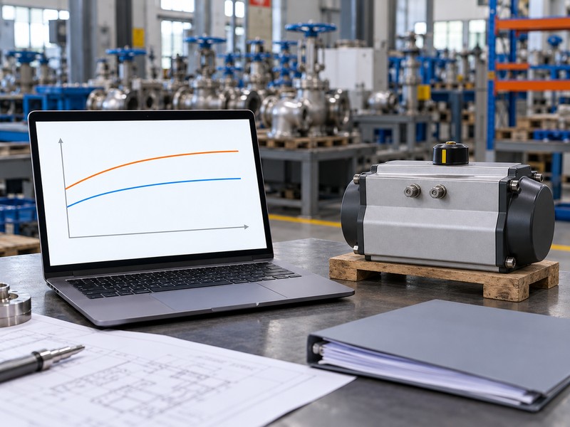 heavy duty pneumatic actuator for butterfly valves: conceptual actuator output and valve torque curves on a laptop