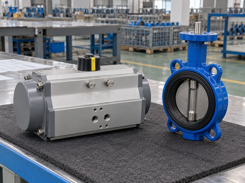 heavy duty pneumatic actuator for butterfly valves: closed spring-return actuator beside an unconnected valve