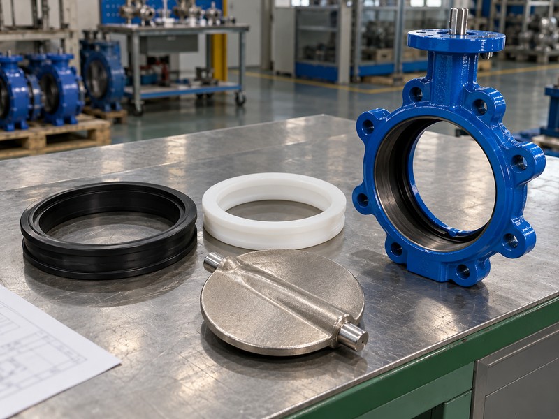 heavy duty pneumatic actuator for butterfly valves: seat and lining samples beside a butterfly valve body