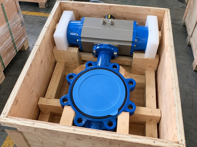 heavy duty pneumatic actuator for butterfly valves: body-supported pneumatic valve in protective export packing