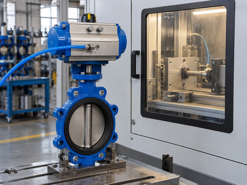 high performance butterfly valves manufacturers: assembly outside a closed cycling cabinet before inspection.