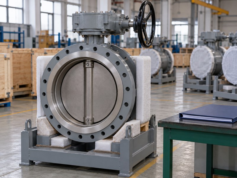 high performance butterfly valves manufacturers: valve and cradle before final packing approval.