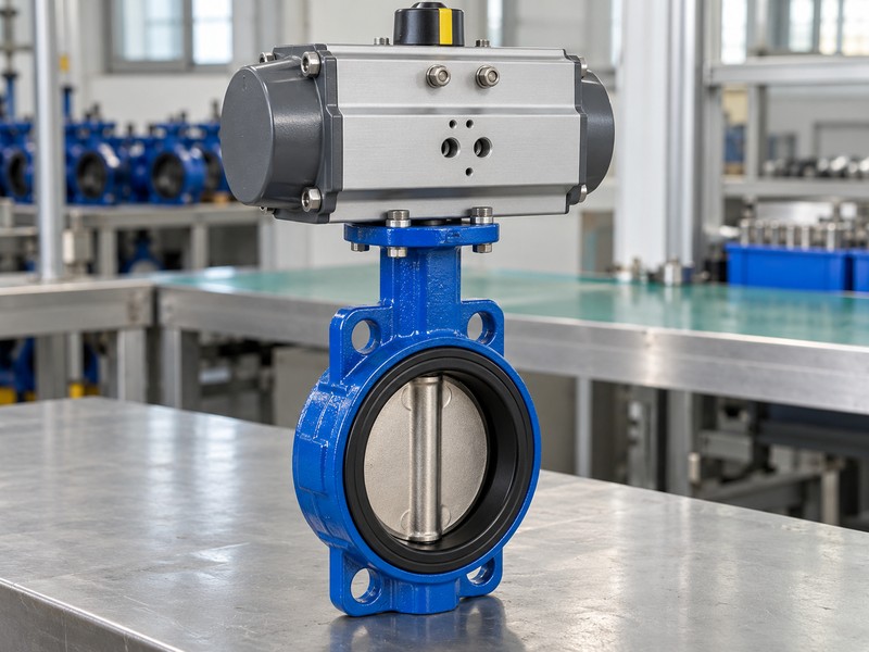 high-platform pneumatic butterfly valve: direct-mounted pneumatic wafer butterfly valve on an inspection bench