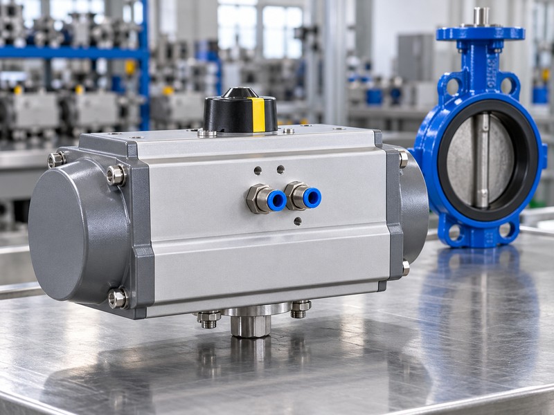 high-platform pneumatic butterfly valve: rack-and-pinion actuator with air ports beside a separate butterfly valve