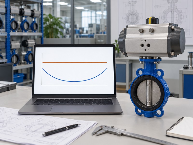 high-platform pneumatic butterfly valve: conceptual actuator output and required valve torque on a laptop