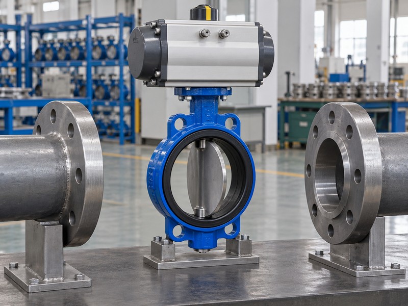 high-platform pneumatic butterfly valve: separate pipe flanges beside a supported pneumatic wafer valve