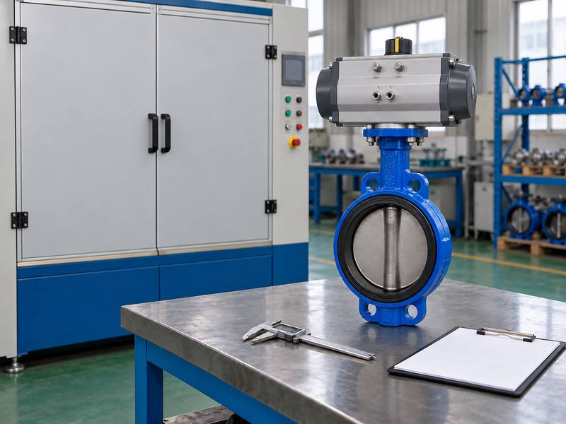 high-platform pneumatic butterfly valve: unconnected valve sample beside a closed inspection cabinet