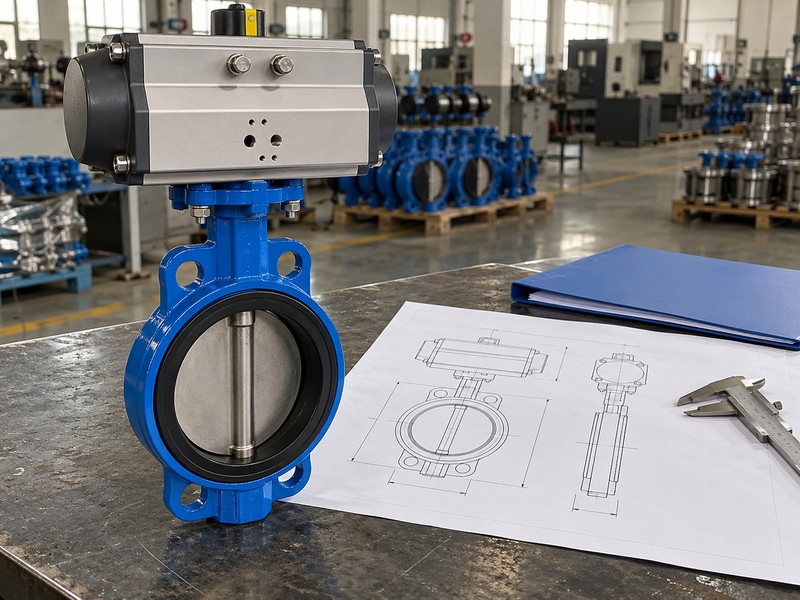high-platform pneumatic butterfly valve: pneumatic valve, illustrative drawing, caliper, and technical folder