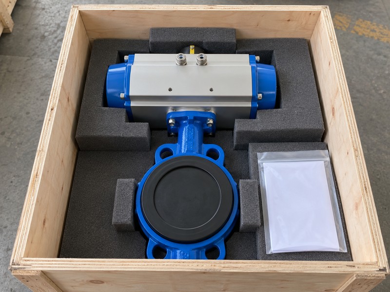 high-platform pneumatic butterfly valve: protected pneumatic butterfly valve in a foam-lined crate