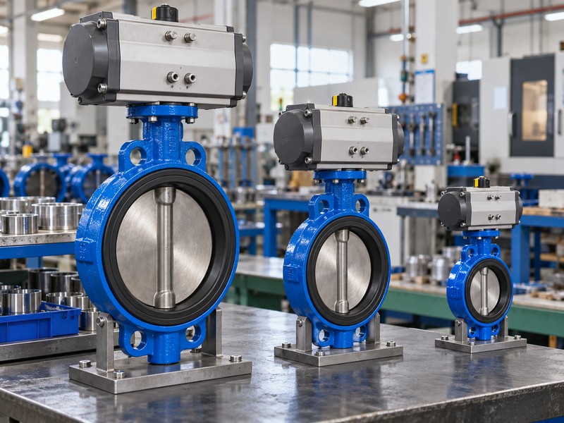 high-platform pneumatic butterfly valve china: three pneumatic butterfly valve assemblies in a manufacturing workshop