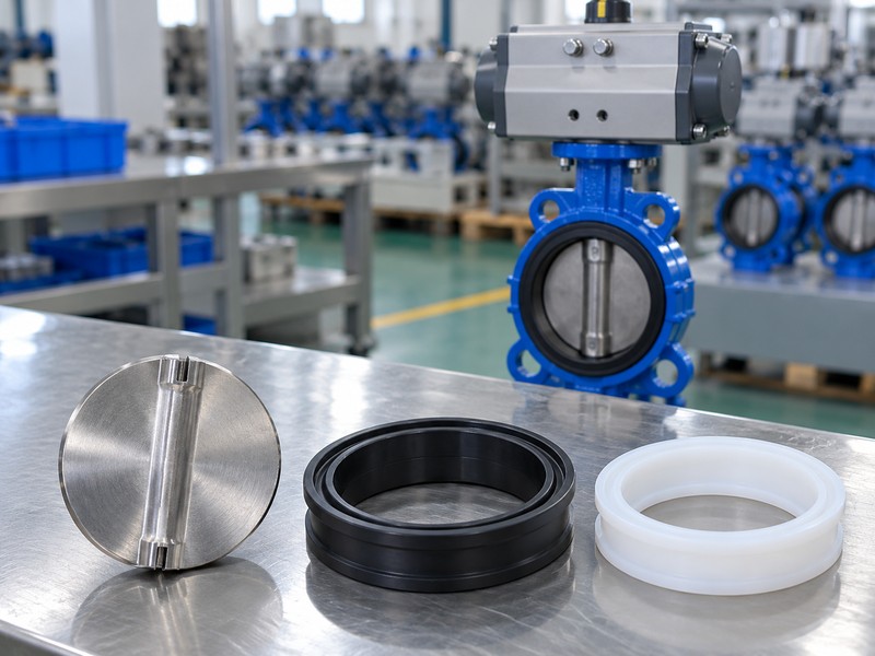 high-platform pneumatic butterfly valve china: disc sample and black and white seat rings on an inspection bench