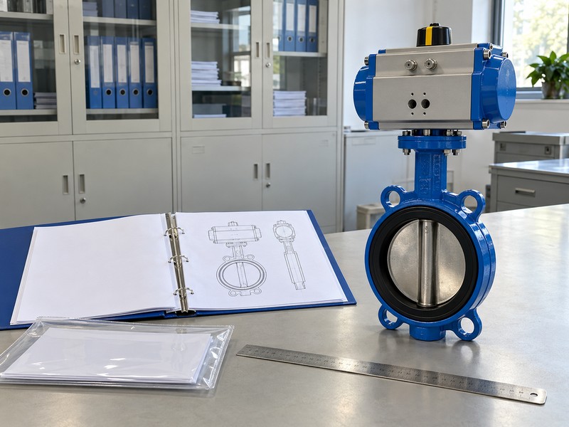 high-platform pneumatic butterfly valve china: pneumatic valve and unmarked technical documents on a review desk