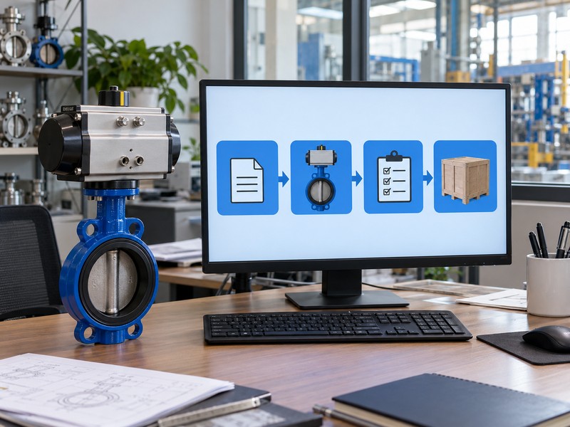 high-platform pneumatic butterfly valve china: conceptual inquiry, sample, inspection, and dispatch sequence on a monitor