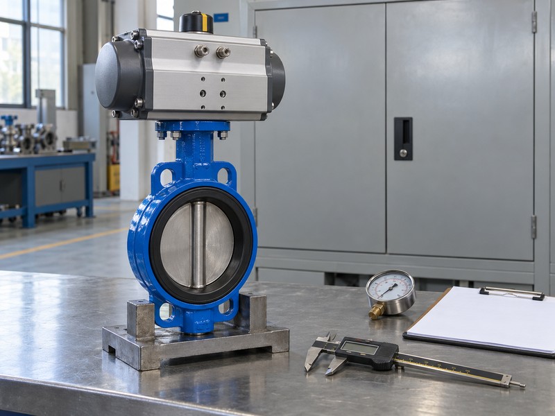 high-platform pneumatic butterfly valve china: unconnected valve sample, measuring tools, and inspection record