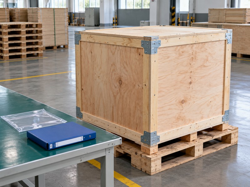 high-platform pneumatic butterfly valve china: closed export crate with document folder in a factory packing area