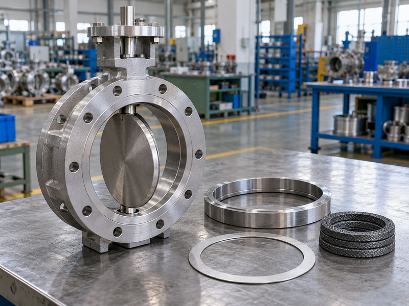 Illustrative high temperature butterfly valve metal seat review with a partly open disc and separate metal ring, flat gasket, and dark packing rings on a workshop bench.