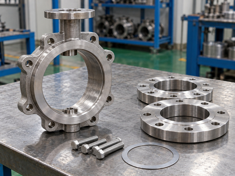 Illustrative high temperature butterfly valve metal seat review with an empty valve body, two separate mating flanges, loose bolts, and a flat gasket on a preparation bench.