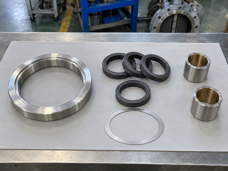 Illustrative high temperature butterfly valve metal seat component review showing a separate metal ring, dark packing rings, a flat gasket, and two metal bearing sleeves on a protective mat.