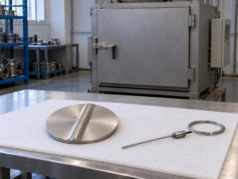 Illustrative high temperature butterfly valve metal seat thermal-review preparation with a detached metal disc, a loose temperature probe, and a closed heating enclosure in the background.
