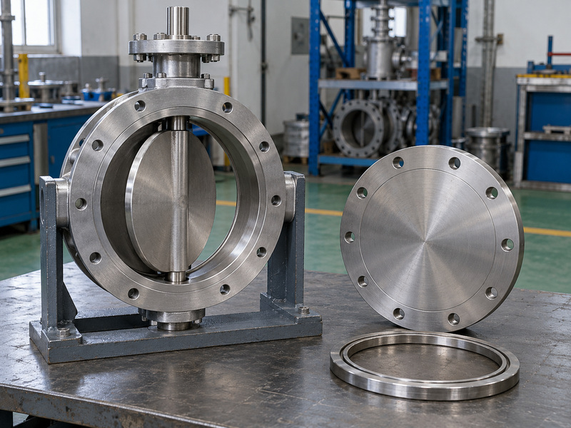 Illustrative high temperature butterfly valve metal seat acceptance review with a partly open valve on a support, one detached blanking plate, and a separate metal ring.