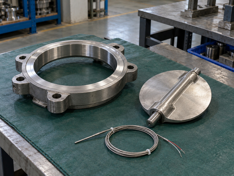 Illustrative high temperature butterfly valve metal seat thermal-cycle planning review with a separate bare lugged valve body, a detached disc, and an unconnected coiled thermocouple on a protective mat.
